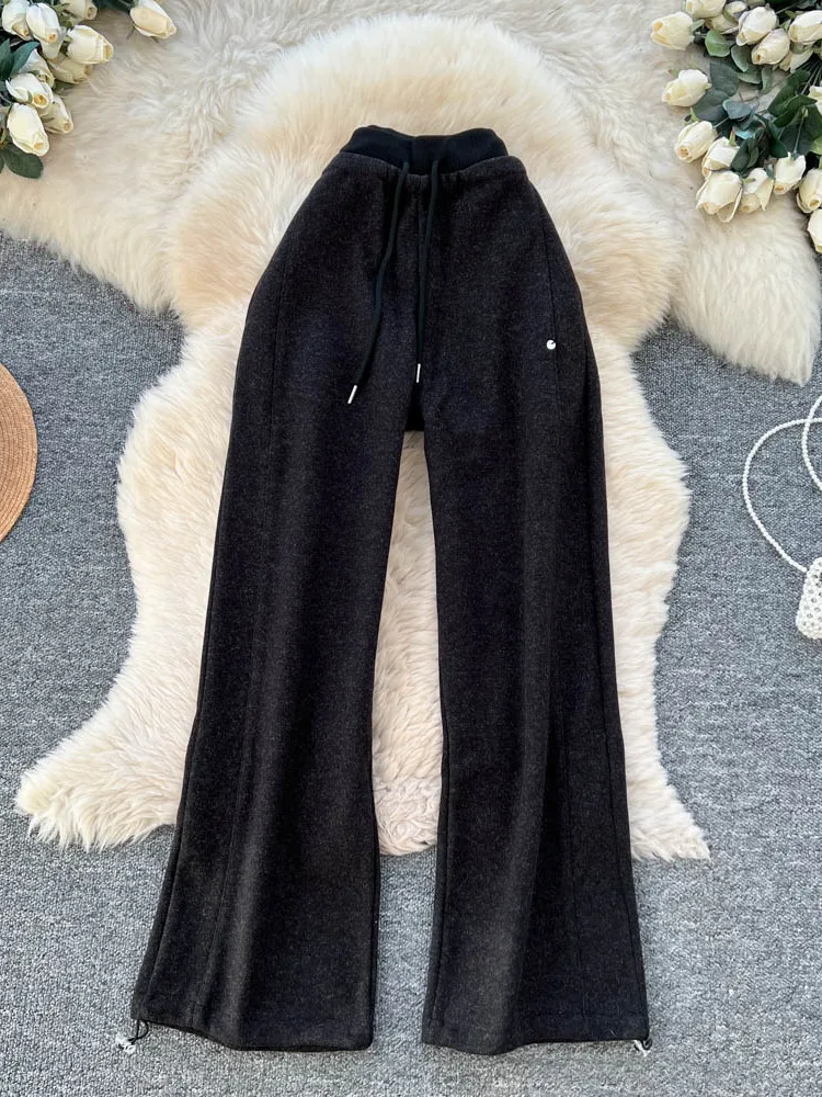 Damskie spodnie z wysokim stanem, prostymi nogawkami, paskiem, na jesień i zimę, do pracy, luźne, z elastyczną talią, wyszczuplające, z szerokimi nogawkami, wełniane.