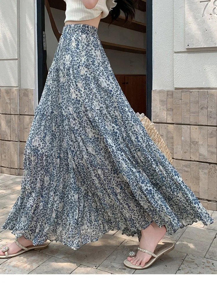 

2025 Summer Women's Floral Half Skirt New Fashionable Beach Vacation Versatile Long A-line Large Swing Skirt C286