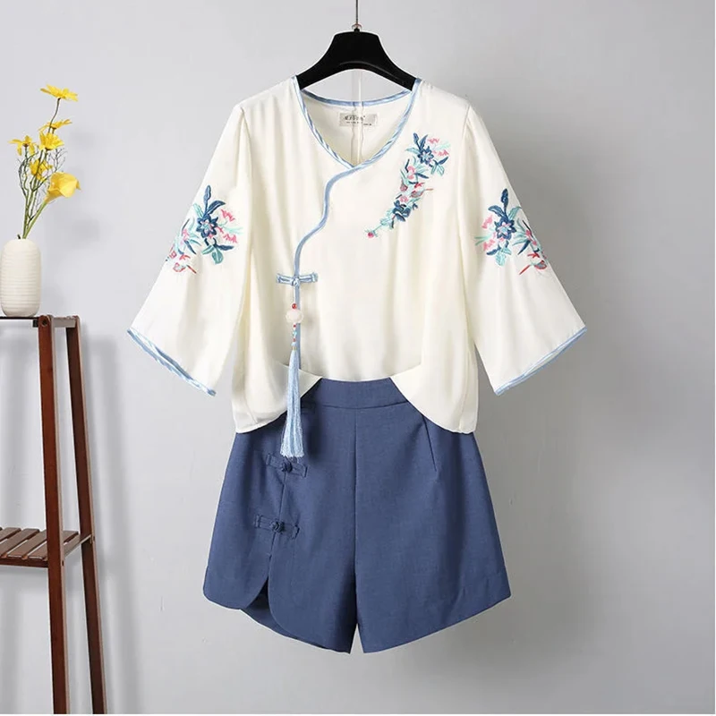 Puls Size Embroidery Shirt Short Pants Women's Improved Hanfu Suit Female Summer 2024 New Retro Wide-leg Pants Two-piece Set