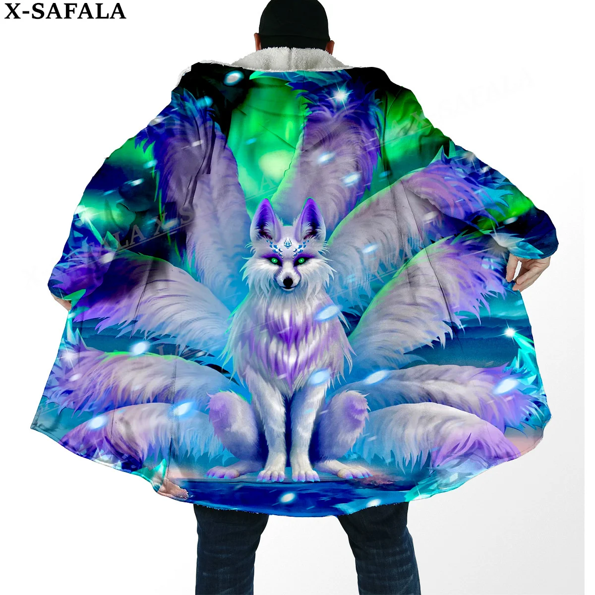 Nine-Tailed Fox Kitsune Tattoo Print Thick Warm Hooded Cloak Men Overcoat Coat Windproof Fleece Cape Robe Hooded Blanket-10