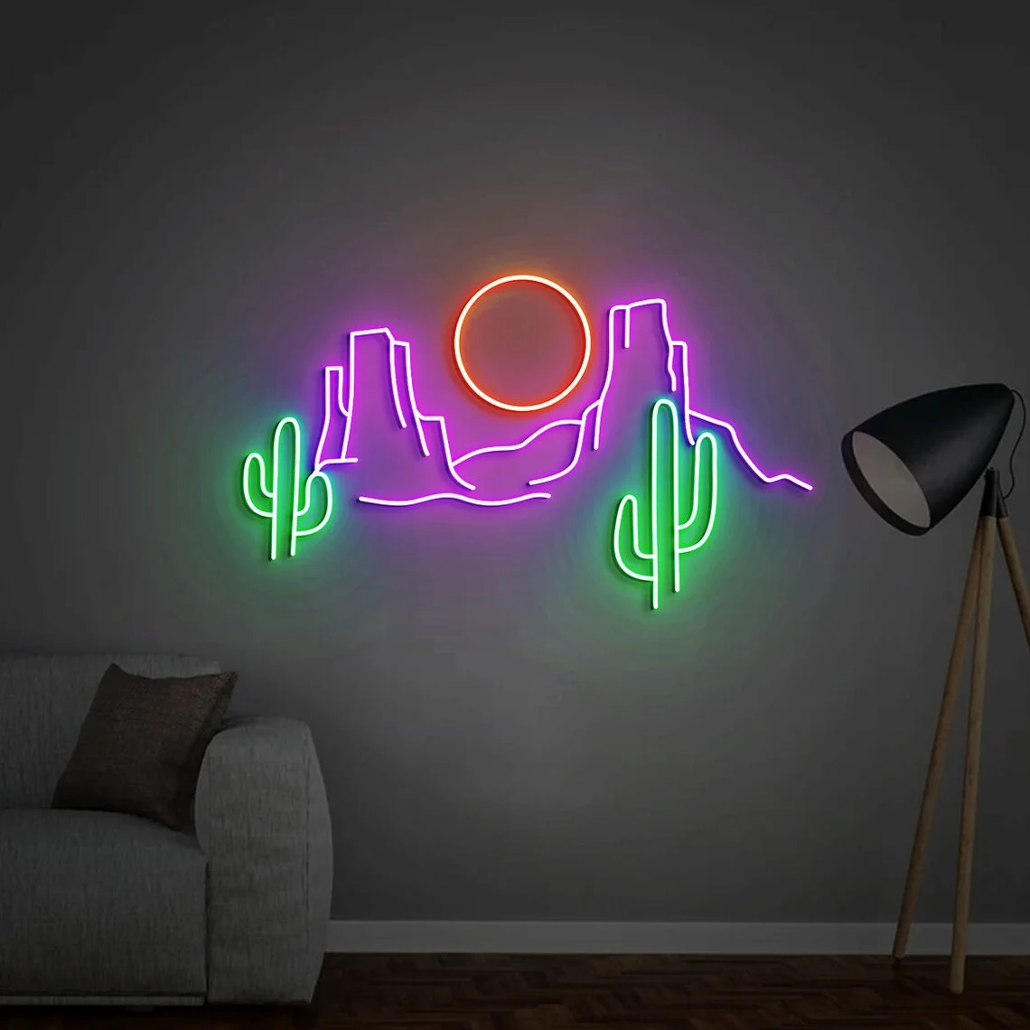 Desert Cactus  Neon Sign Wall Art Aesthetic Room Decor Western Sunset Scene Bar Sign Mountain Kids Teens Bedroom Night Club Sign