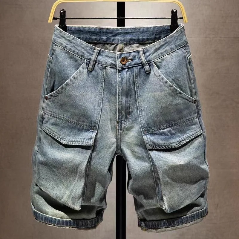 

New Summer Fashion Solid Color Multi-pocket Straight Leg Stretch Denim Shorts Men's Casual Loose Fit Sports High Quality Jeans