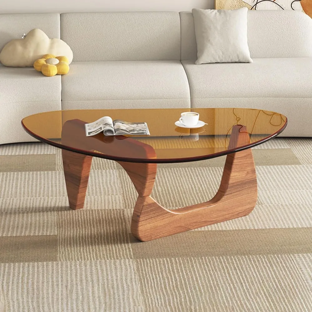 Modern Coffee Table -Triangle Glass Top Natural Wood Base Triangle Coffee Table for Living Room Patio Office Abstract End Tables