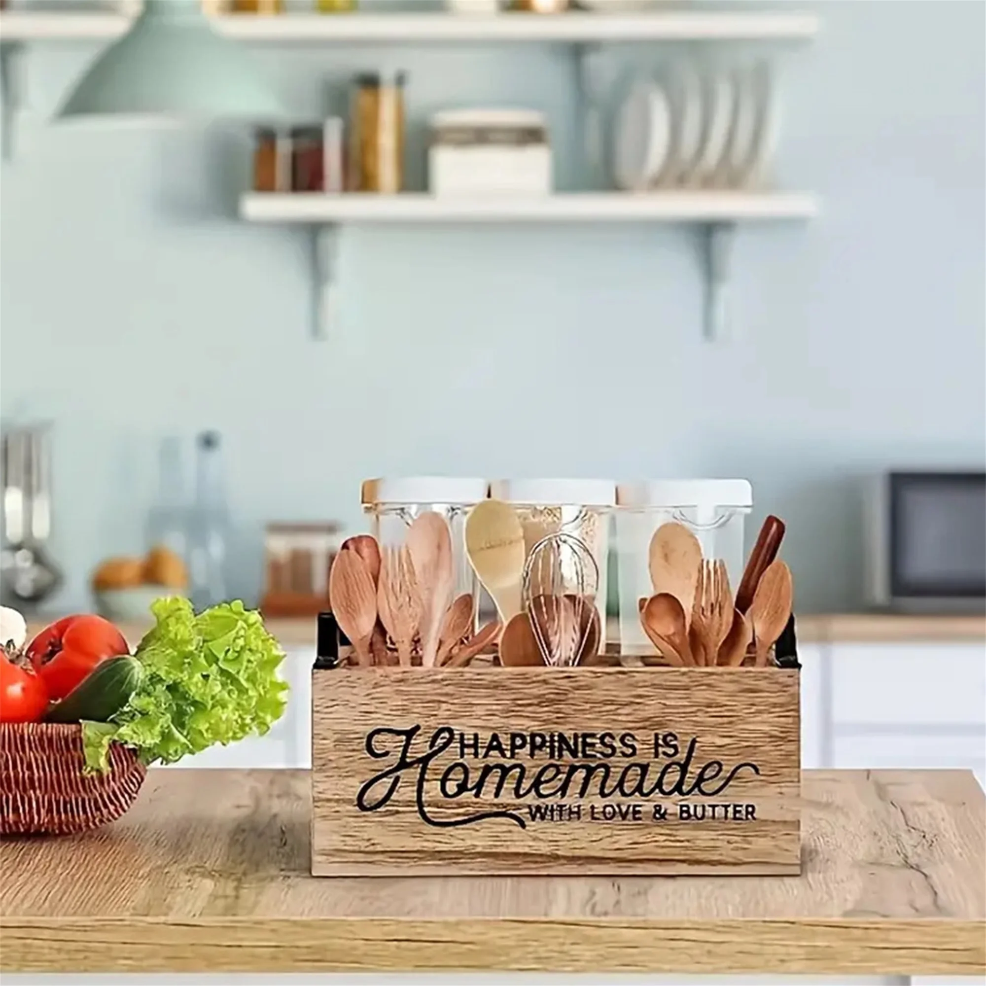 

Retro Style Wooden Cutlery Caddy with Multiple Compartments for Kitchen Countertop Organization and Storage of Knives Forks