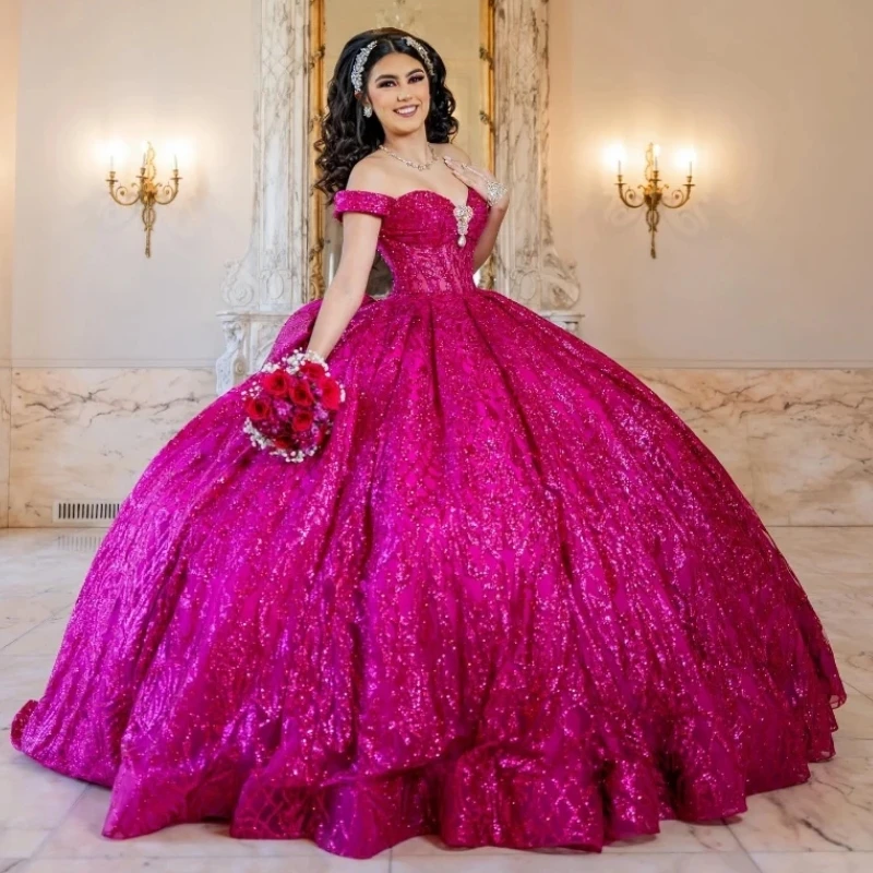 

Rose Red Illusion Glitter Quinceanera Dresses Ball Gown Off The Shoulder Beads Crystal Sequined Corset Vestidos 15 De XV Anos