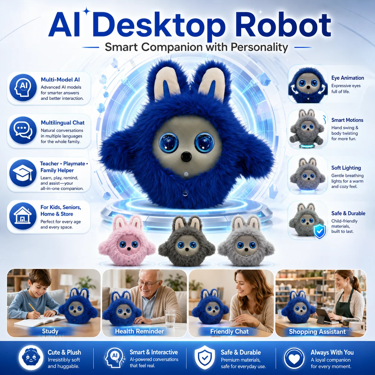 Robot de Escritorio Xkoen XkoenPro con IA, Compañero de Peluche con Chat Multilingüe, Animación de Ojos, Interacción por Voz, para Niños, Adultos Mayores y Uso Doméstico