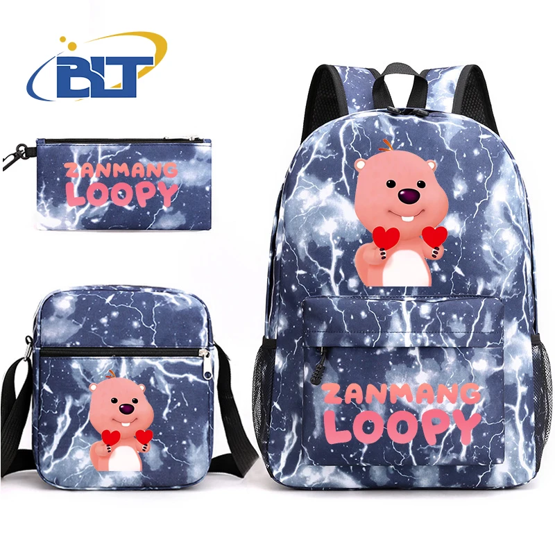 Cute Loopy Print Backpack Set para crianças, bolsa de escola estudantil, bolsa de ombro, lápis, meninos e meninas, 3 pcs