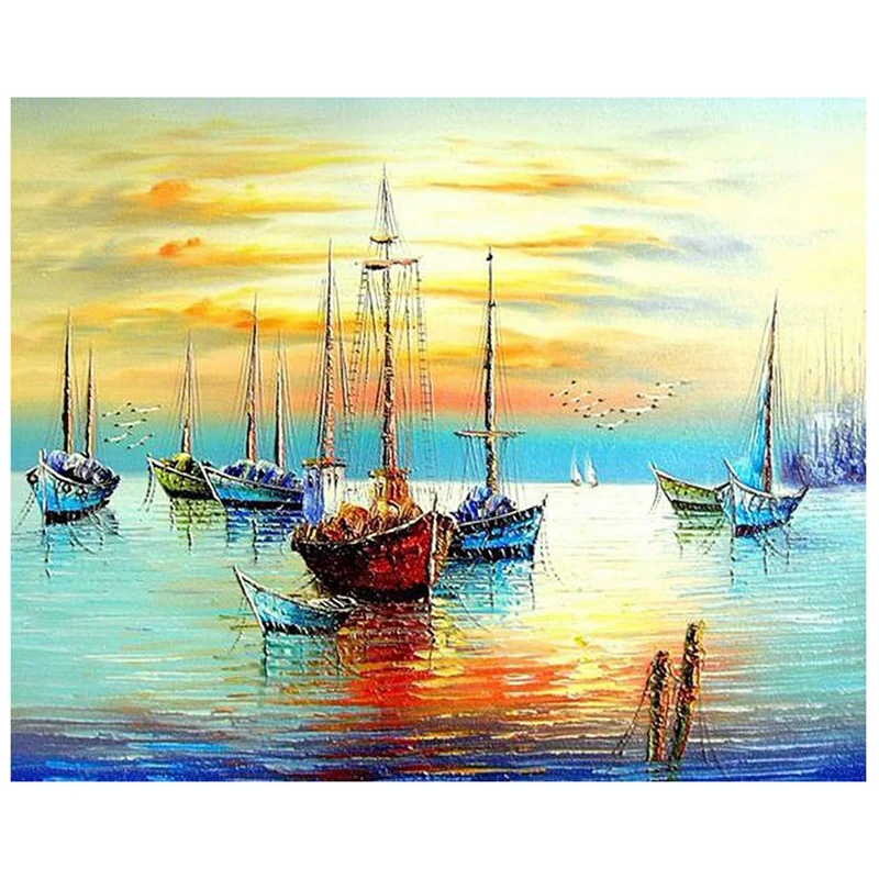 Ferry Sunrise Sea DIY Handmade Oil Paint Digital Kit On Canvas Wall Artist Home Decoration