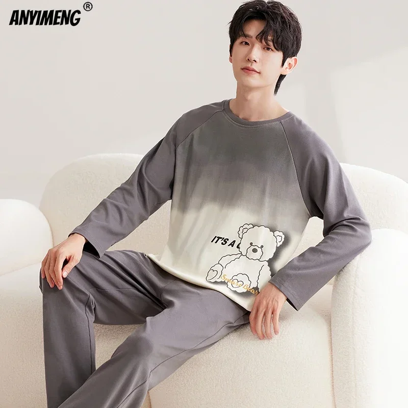 Autumn Spring New Mens Sleepwear Faux Cotton Pullover Pajamas Set Cartoon Strip Loungewear for Boy Long Sleeves Homesuit for Man