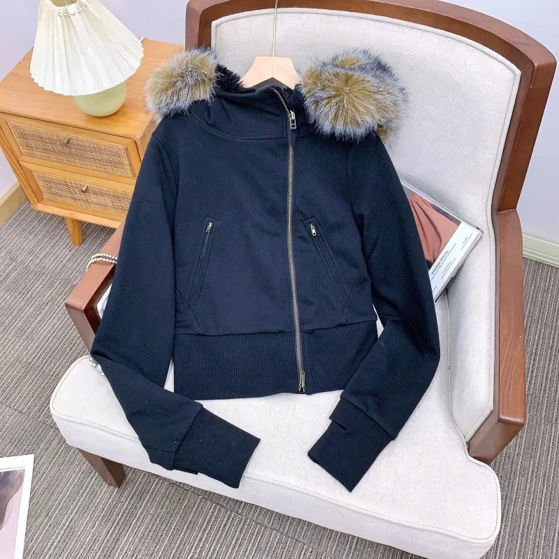 

Женское модное зимнее пальто с капюшоном, меховым воротником, на флисовой подкладке, приталенное, с длинными рукавами, на молнии, цветное