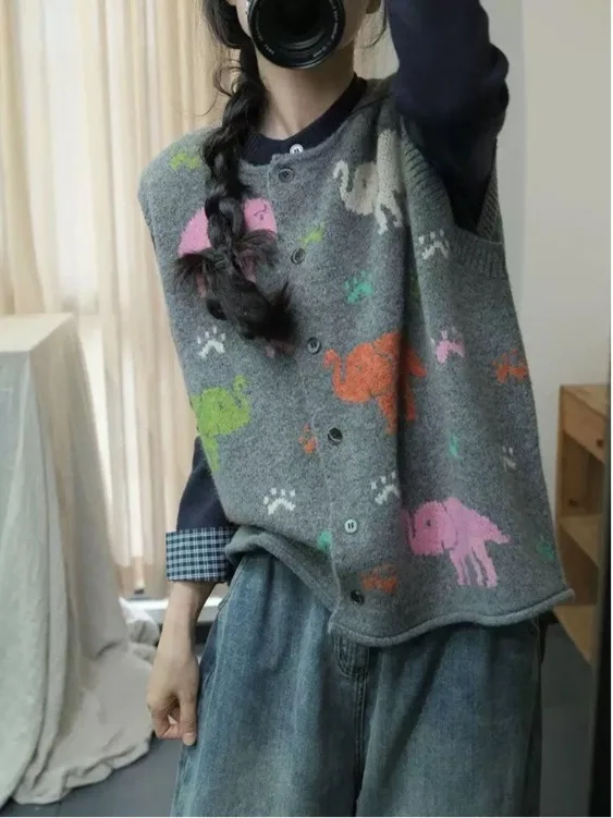 

Повседневный вязаный кардиган, женский топ без рукавов, на одной пуговице, с цветочным узором, в рубчик, ленивый, V-Ne, Thiened, осенняя одежда