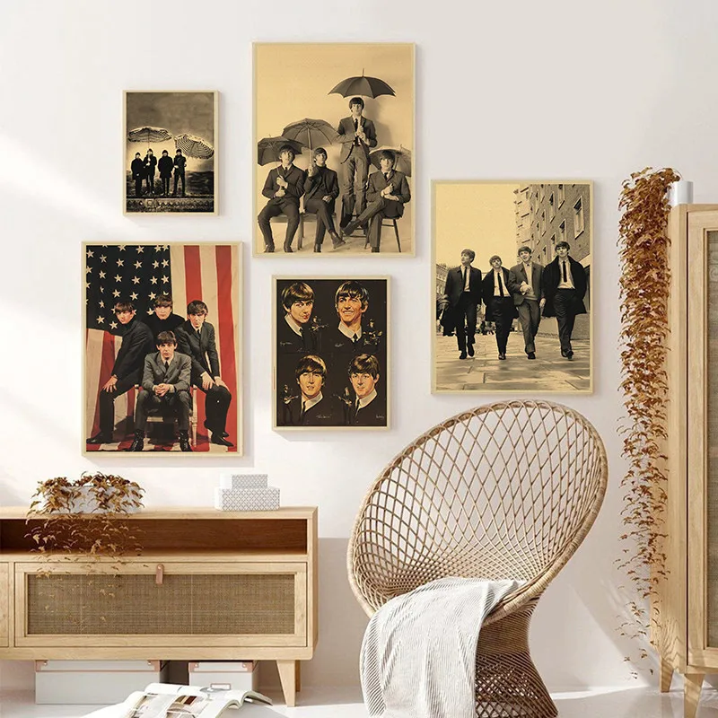 Vintage Band Posters Kraft Paper Rock Poster Music Team Star Decorative Painting Wall Sticker Bar Home Decor