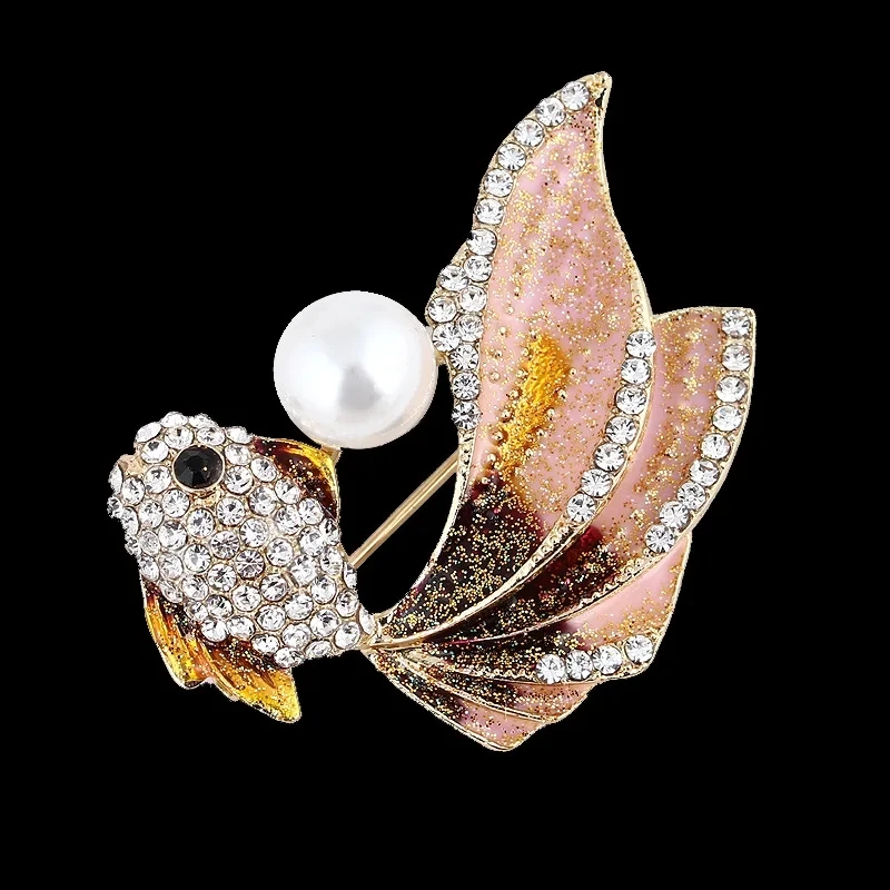 

Cute Color Goldfish Brooch Fashion Rhinesonte Pearl Fish Animal Pin Brooches Accessories1021