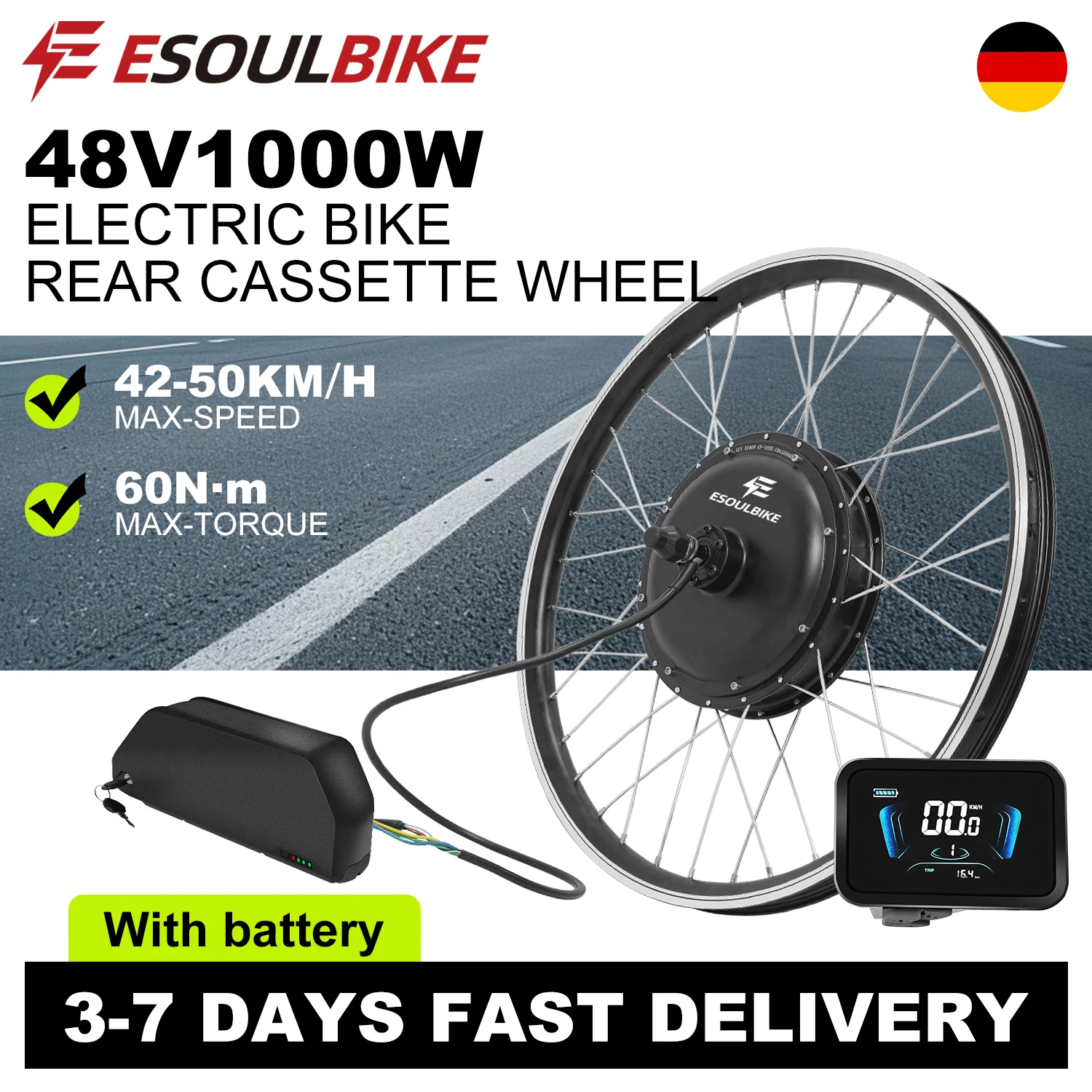 Kit di conversione per e-bike ESOULBIKE 48V 1000W con motore a mozzo e batteria, completo, per ruote da 26"‑29" e 700C