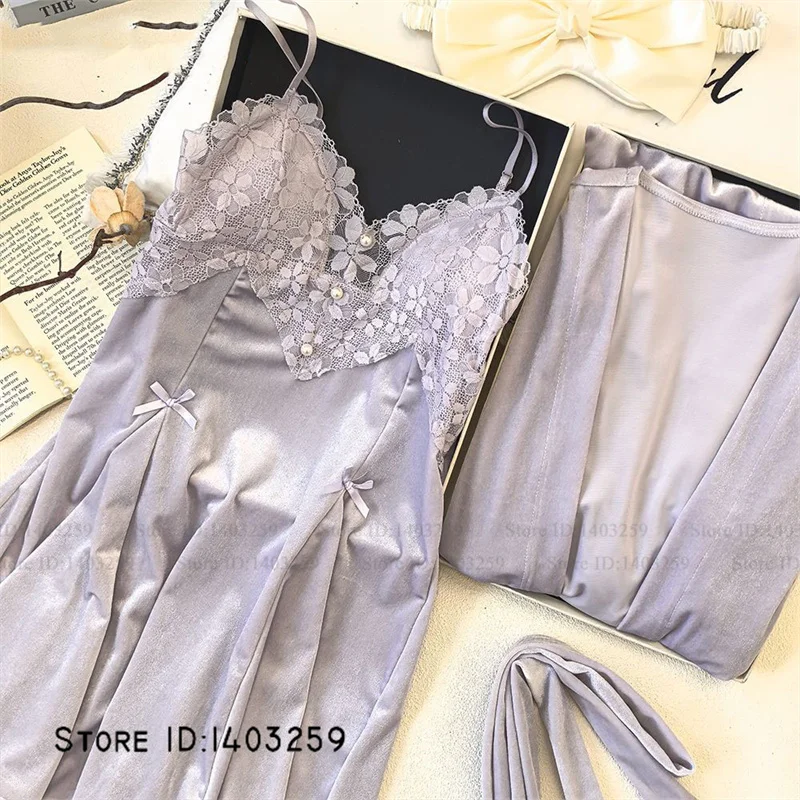 

Элегантный фиолетовый бархатный халат из 2 предметов, комплект ночной рубашки, сексуальное кружевное белье, женская одежда для сна, домашняя одежда, осенняя велюровая ночная рубашка, домашняя одежда