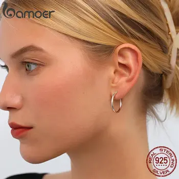 BAMOER 925純銀經典粗款低過敏性圈形耳環,14K鍍白金標準管狀耳環(女款) 10 最佳銷售 純銀圈形耳環 - №7