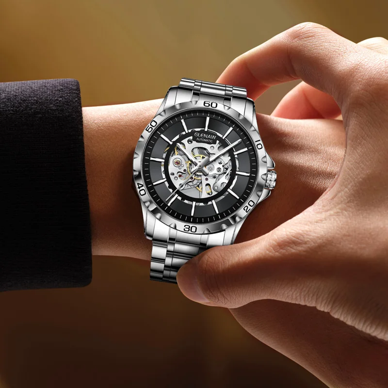 GLENAW-Relógio Automático Mecânico Impermeável Masculino, Relógios de Moda de Luxo para Homens