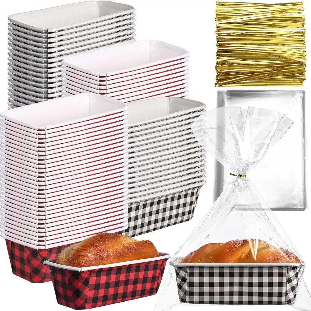 

Disposable Loaf Pan Liners, 50-Count, 6.3x2.2x2.2 Inches, Plaid Pattern, for Bread & Cakes with Bags & Ties