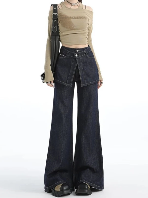 

High Waist Wide Leg Bell Bottom Jeans plus Size Women's Casual Style Autumn Wear Resistant Torn Design Sensation Slimming Effect