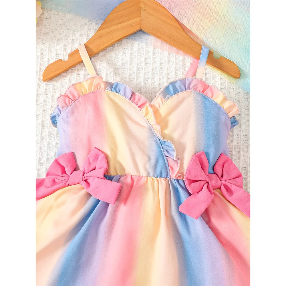 0-3 Years Baby Girl Rainbow Color Dress Fashion Suspender Bow Dresse Sweet Toddler Girl Summer Daily Gatherings Wear