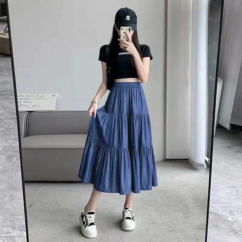 Spring Summer Women Skirts Vintage High Waist Elastic Patchwork White Black Chic Long Cake A-line Skirt