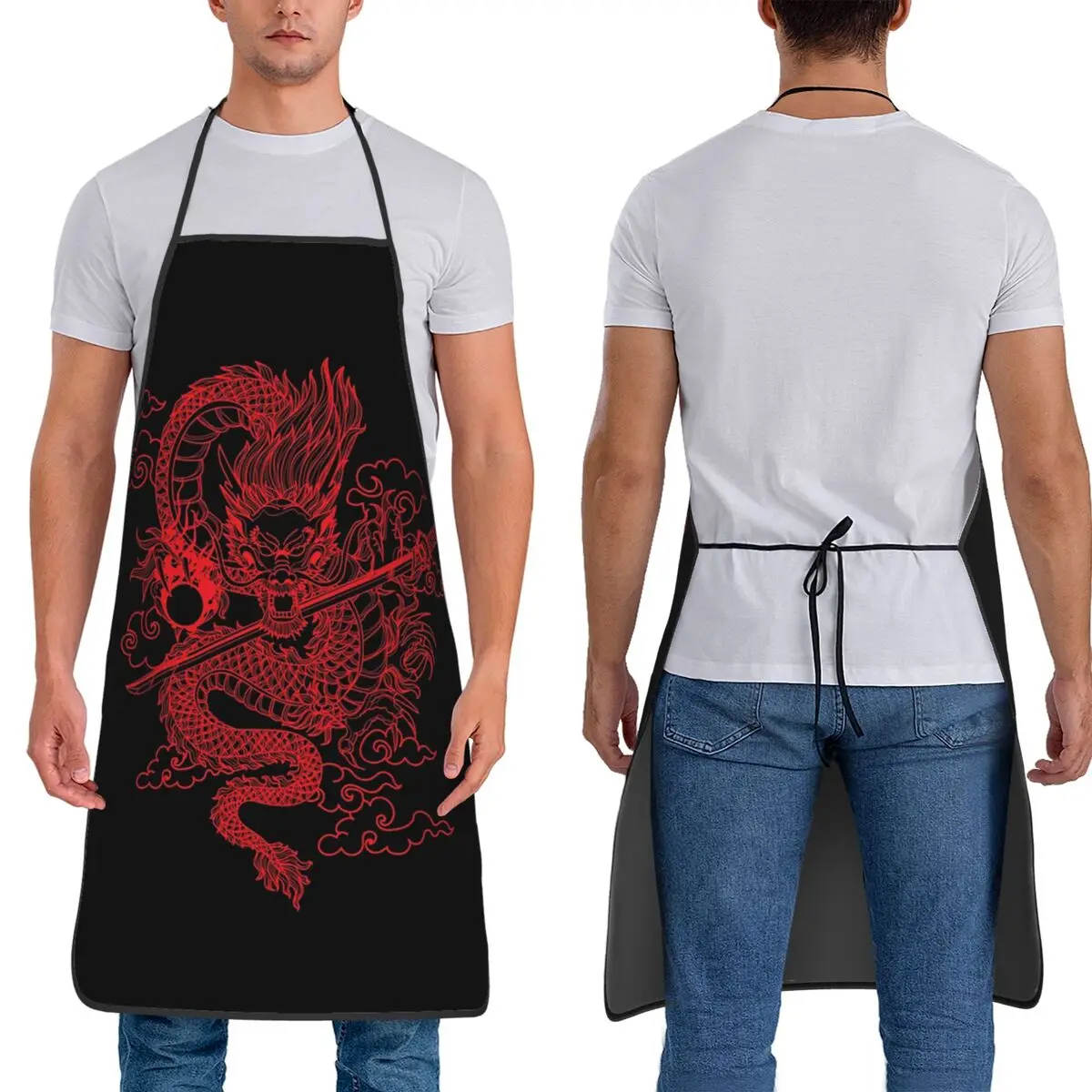 Chinese Red Dragon Totem Pattern Aprons Chef Cuisine Tablier Waterproof Bib Kitchen Cleaning Pinafore for Women Men Painting