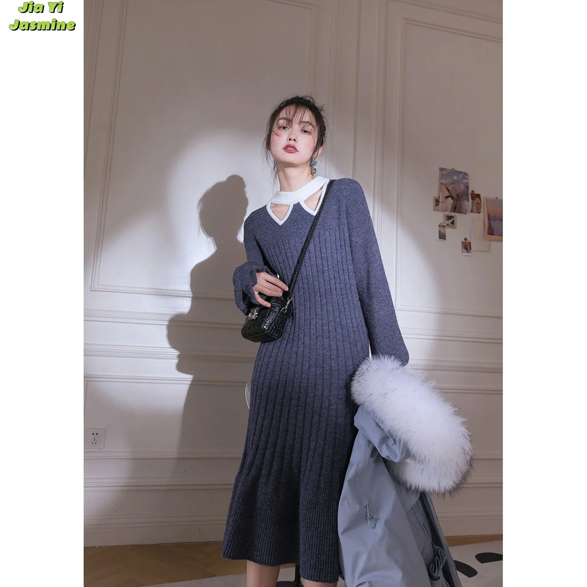 

Women's Autumn and Winter Interior Outfit with High-end French Triangular Hollow Knitted Mid Length Dress