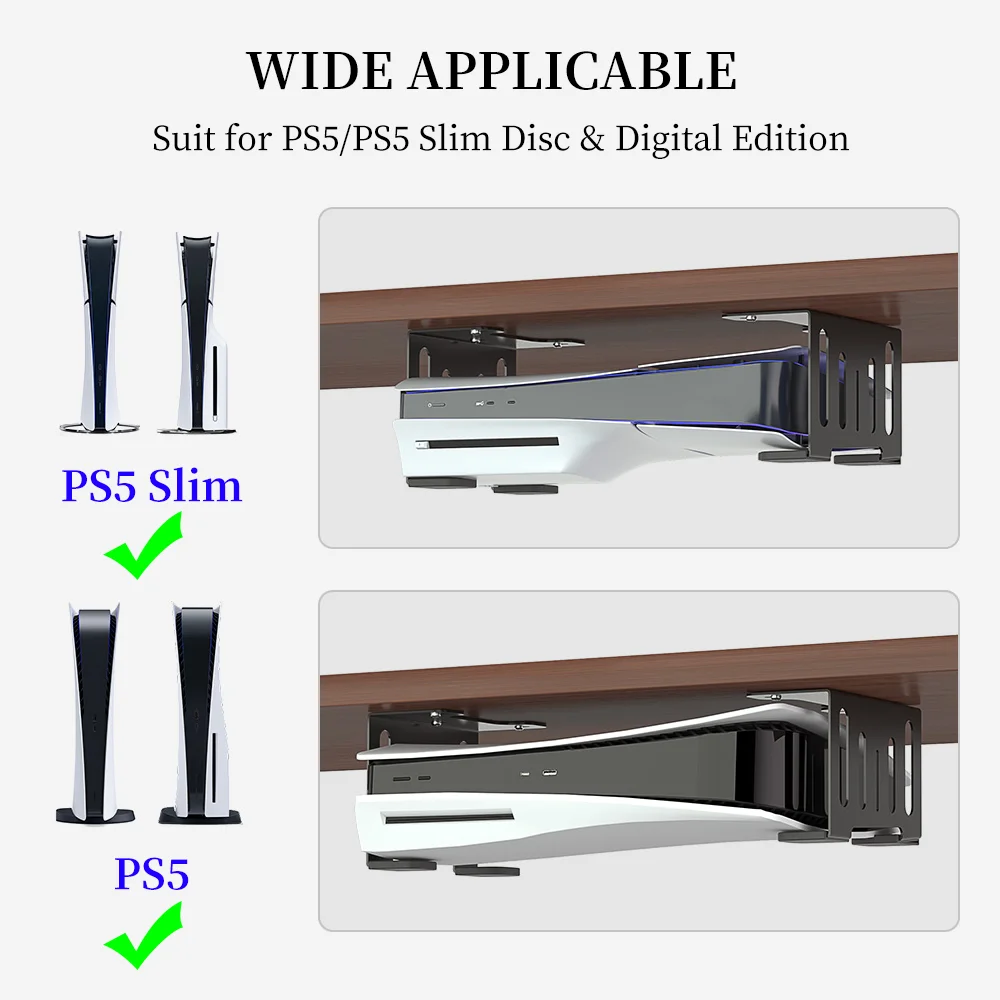 Under Desk Holder for PS5 Slim/PS5 Metal Saving Space Stealth Mount Compatible with PS5 Slim/PS5 Disc & Digital Edition Stand