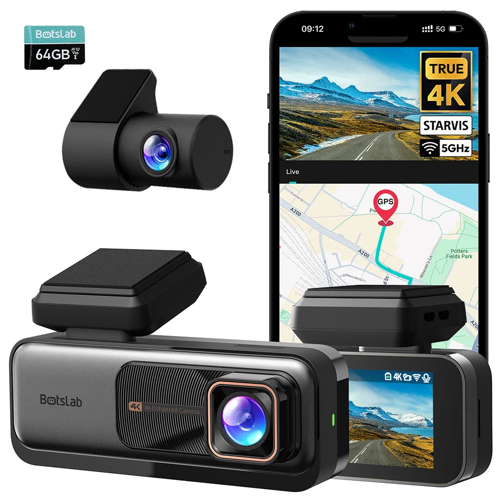 Botslab G980H 4K+2K Dual Dash Cam met SONY-sensoren, stembediening, ADAS, GPS, 5,8GHz WiFi, 64GB-kaart, 24/7 parkeermodus
