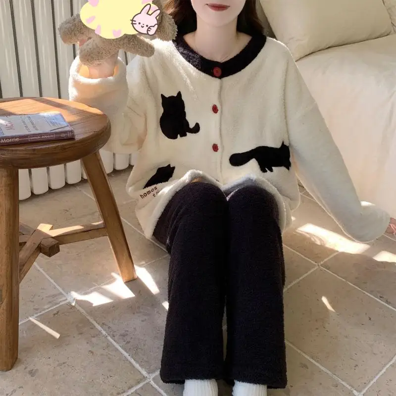 Nuevo Conjunto de pijama de lana Coral para mujer, ropa de dormir cálida y holgada de media pila, ropa de casa cómoda y cómoda de Color sólido para invierno