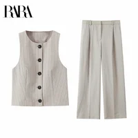 2025 RARA primavera nueva mujer espiga rayas sin mangas cuello redondo Chaleco corto plisado pantalones casuales de cintura alta