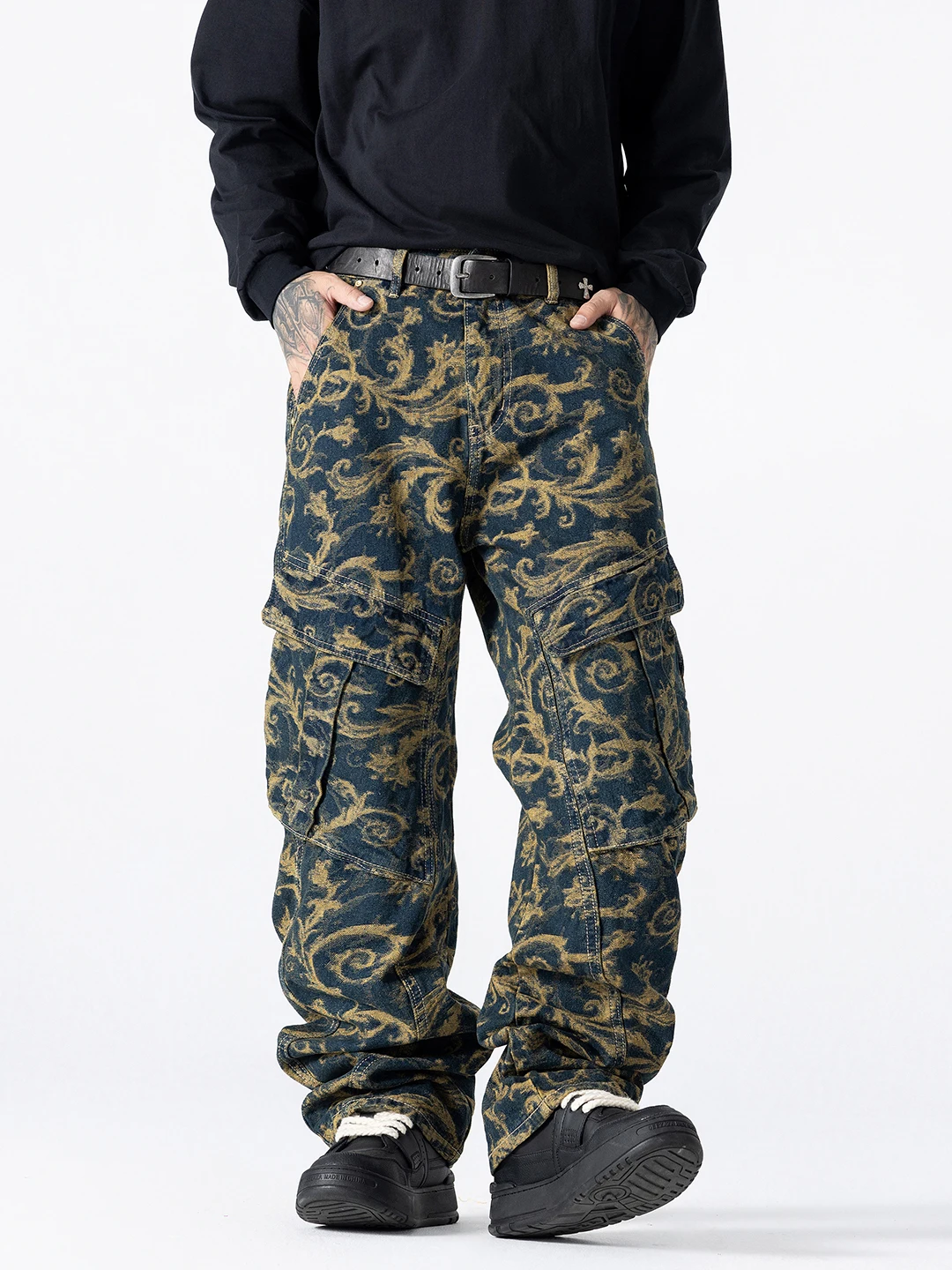 

High-End Retro Patchwork Distred Denim Jeans Men's Loose Long Pants Spring Autumn American High Street Floral Print Embroi...