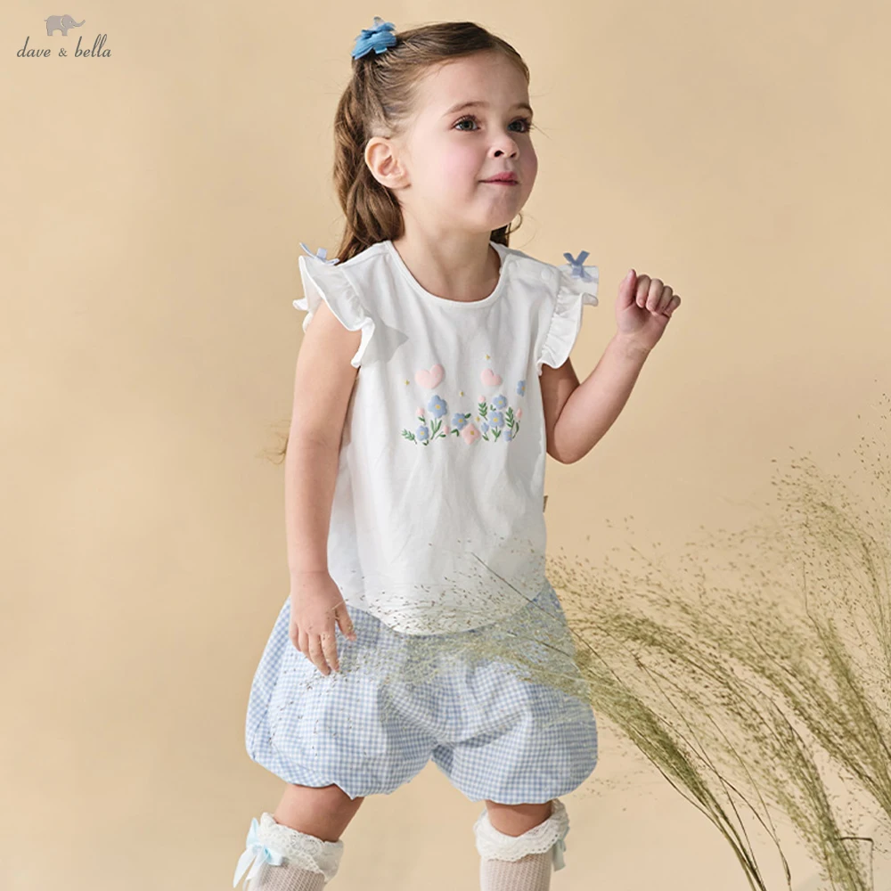 Dave Bella Girls Summer 2PCS Set Flower Sleeveless T-shirt Shorts Suits Childern Printed Tops Trouser Clothing Sets DB2261339 ﻿
