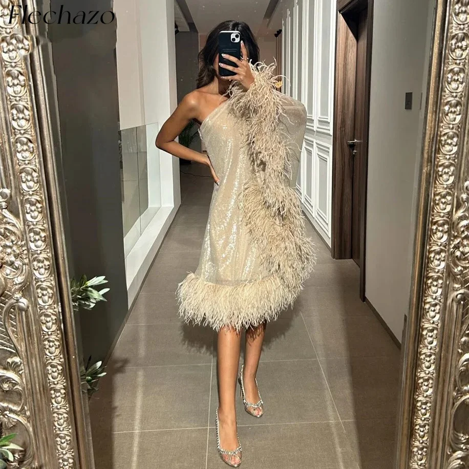 Flechazo Sparkle Cocktail Dresses One Shoulder Feathers Knee-Length Formal Evening Party Dress For Women 2024 vestidos de fiesta