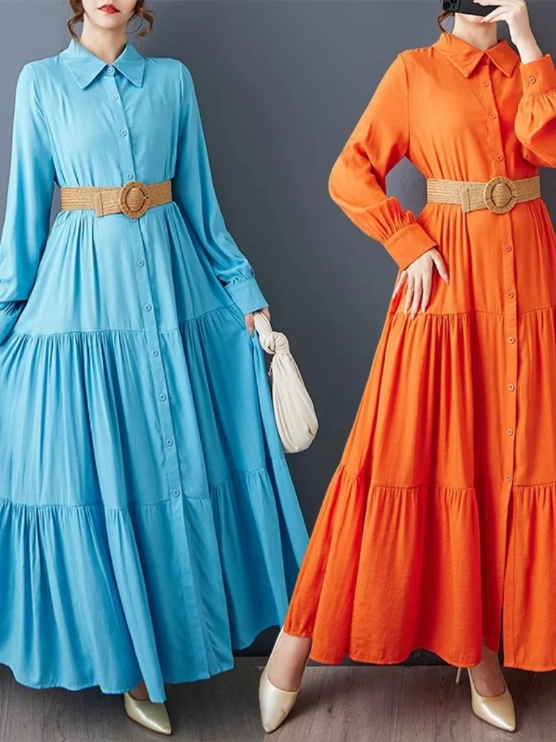 2025 herbst Lose Große Größe frauen Kleidung Einfarbig Plissee Spleißen Medium Lange Mode Lässig Temperament Kleid W840 ﻿