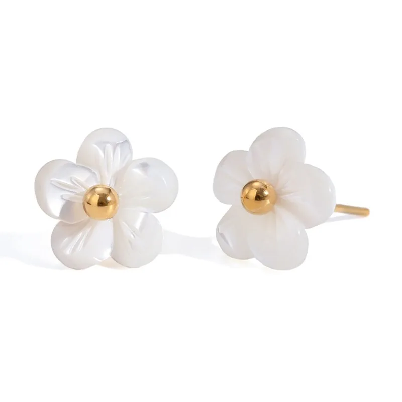 

Minar Lovely White Color Natural Shell Beads Flower Stud Earrings for Women 18K Gold PVD Plated Stainless Steel Wedding Jewelry