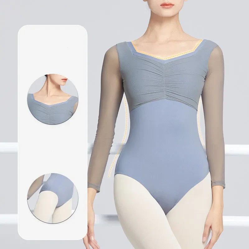 Long Sleeve Ballet Leotards For Women Patchwork Mesh Adult Gym Skate Yoga Ballerina Dance Clothes Gymnastic Leotard Costume