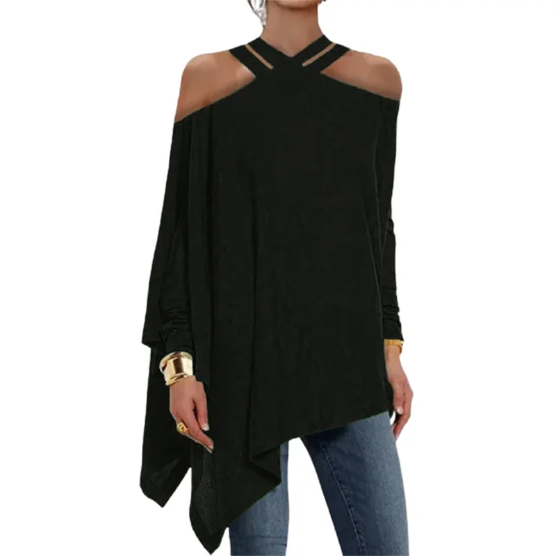 Yeezzi Fashion Asymmetric Long Sleeve Casual Shirts Tops Solid Color Loose Hollow Cold Shoulder Blouses For Women 2023 New