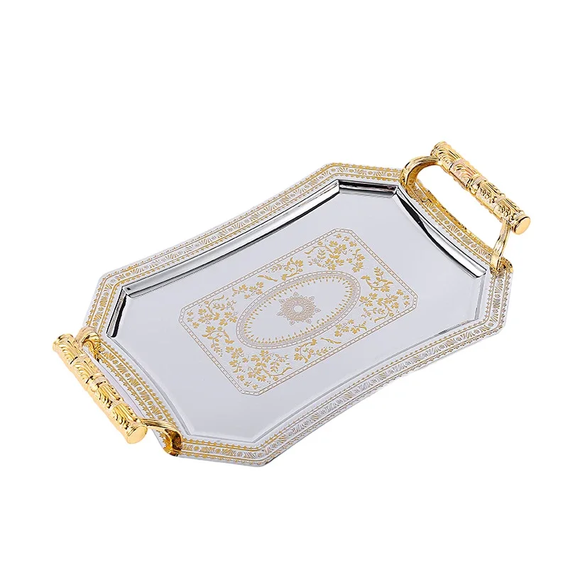 European Style Carved Decoration Tray for Tea Coffee Table with Handle Golden Silver Luxury Stainless Steel Serving Tray 1pc