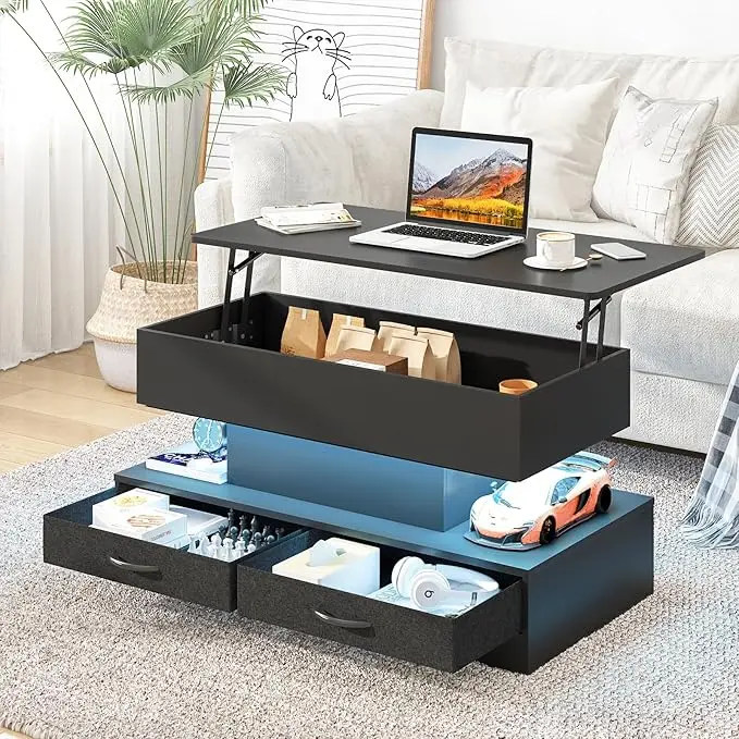 Modern LED Adjustable Transformer Coffee Table Eco-Friendly Wooden Panel Living Room Furniture