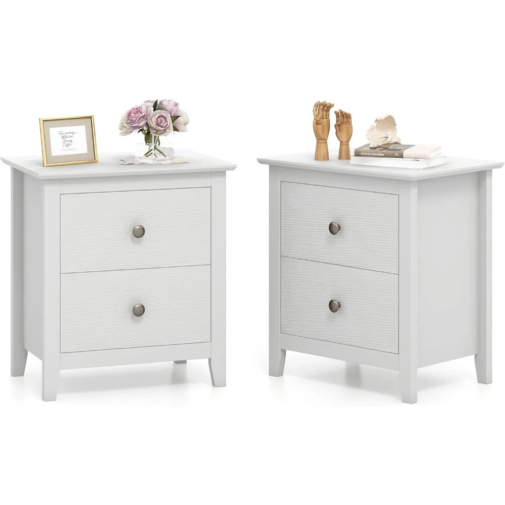 

White Nightstands Set of 2, Modern 2 Drawers Night Stands with Handles, Sofa Side Table with Sturdy Legs for Small Spaces, Coll