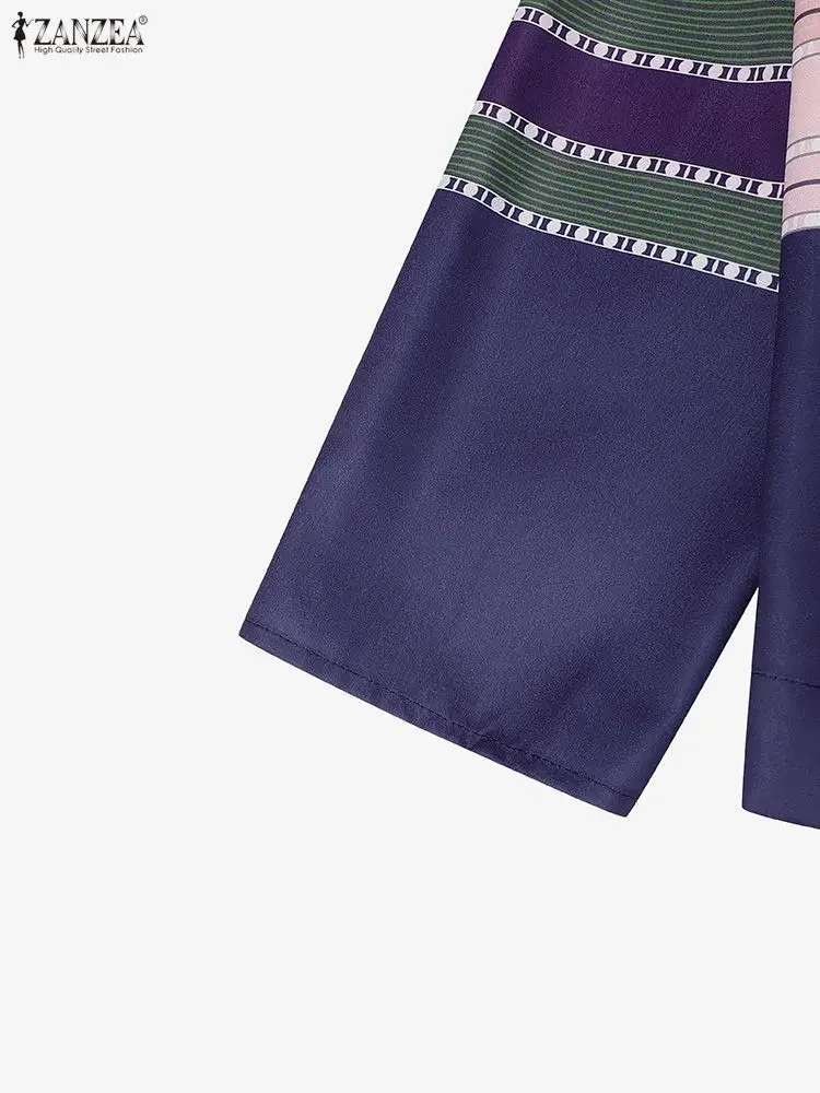 Damskie bluzki w kontrastowe paski w stylu etnicznym, codzienne, z okrągłym dekoltem, rękawami trzy czwarte, krótkie topy ZANZEA 2025, odzież damska na jesień.