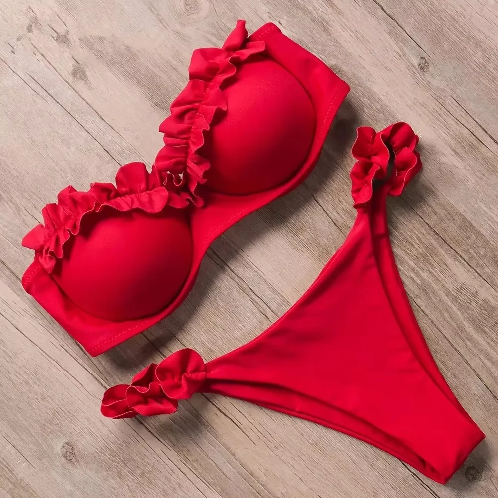 

Sexy Ruffled Frilled Bra Cup Bikini 2026 Women Bandeau Swimsuit Female Swimwear Two Pieces Bikini Set Push Up Bathing Suit Swim