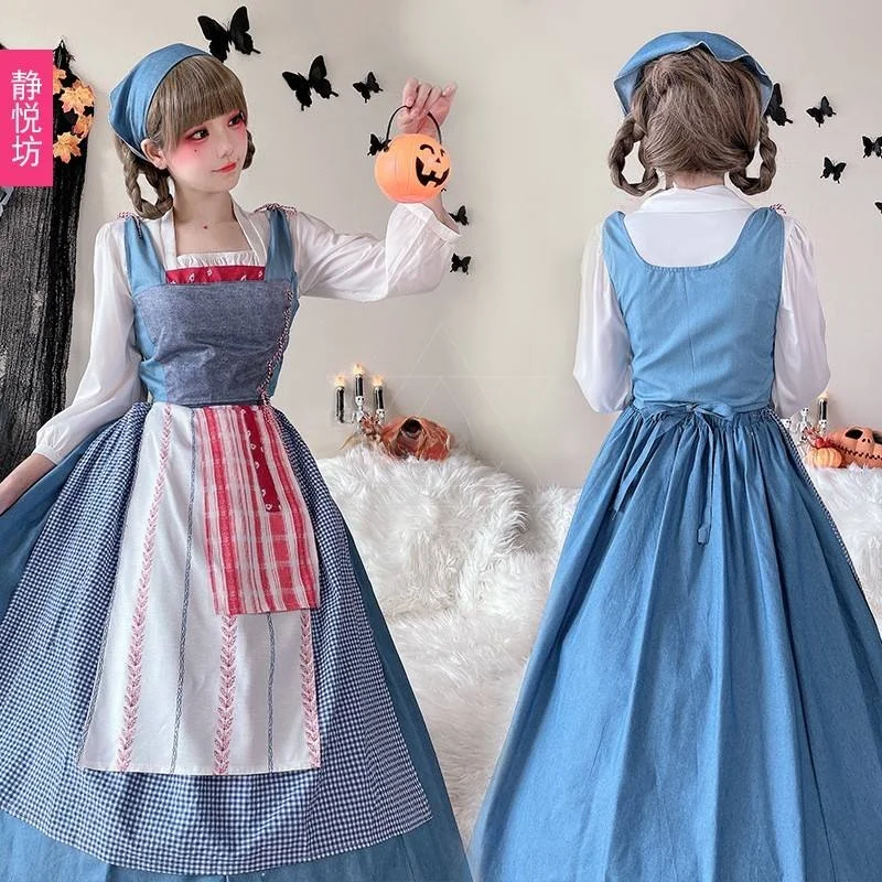 Kostium pokojówki na Halloween, przebranie Alicji z Krainy Czarów, strój sceniczny, długi strój dworski, strój na festiwal piwa, występ, strój wiejski, tradycyjny strój damski C...