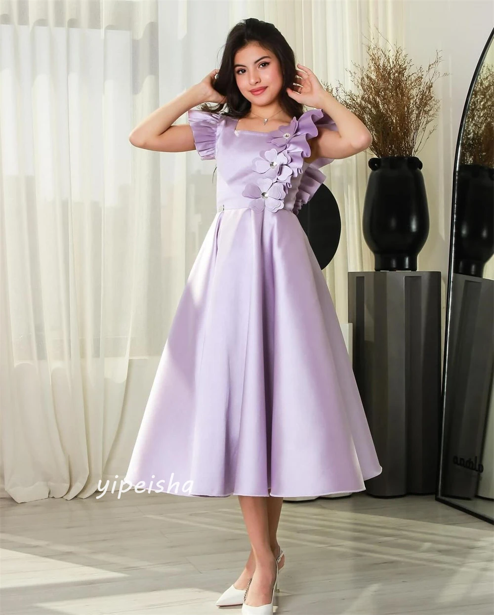 Customized Sparkle Exquisite  Modern Style Formal Evening Square Collar Tea-Length A-line Flowers Draped Satin  Dresses