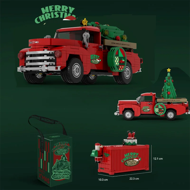 

Рождественский пикап, модель автомобиля, кирпичи с коробкой для дисплея, рождественская елка, прицеп, транспортные средства, сборка игрушек, MOC, строительные блоки, подарки