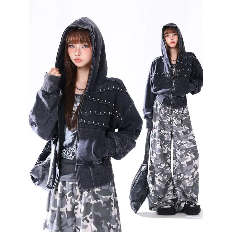 American Y2K retro washed distressed rivet zipper jacket for women autumn short hooded sweatshirt for men