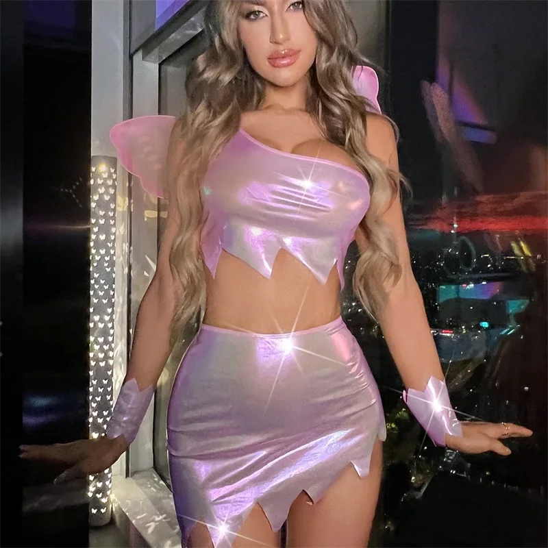 Mini vestido sem alças com asas de fada para mulheres, vestido justo com lantejoulas, roupas cosplay, traje de Halloween, glitter, 2023