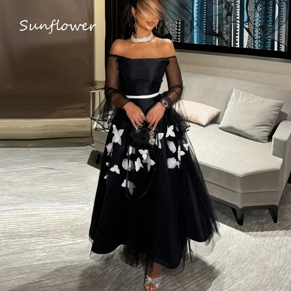 

Sunflower Simple Black Boat Neck Appliques A-LINE 2024 Slim SatinOcassion Gown Ankle-Length Formal Evening Dress Party Dress