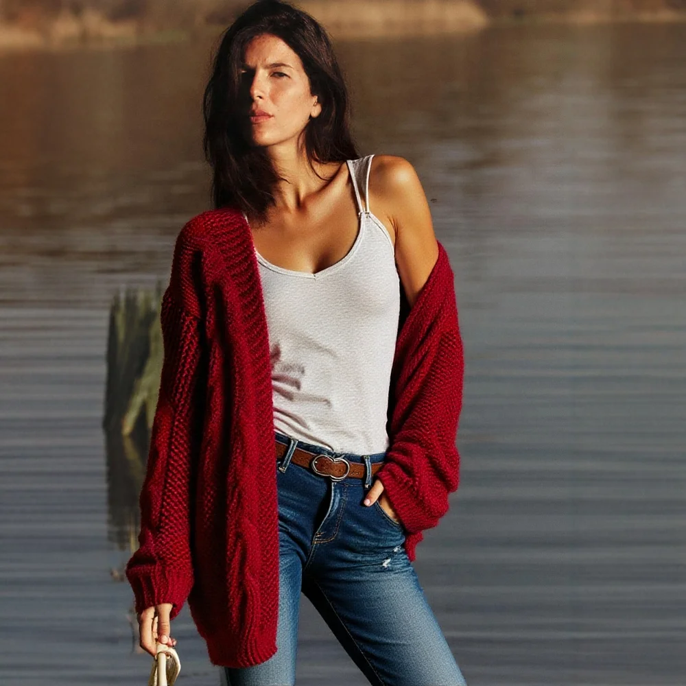 

Модный и элегантный однотонный вязаный свитер с v-образным вырезом средней длины, ажурный кардиган, женский топ